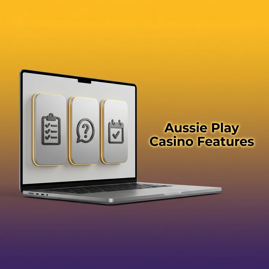 Aussie Play Casino features including 250% welcome bonus, mobile app, secure platform and 24/7 support for Australian players