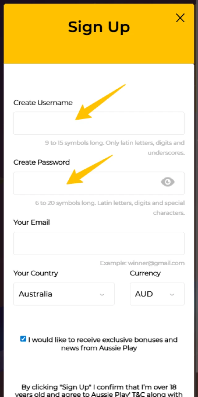 Create secure login credentials for your official Aussie Play App account.