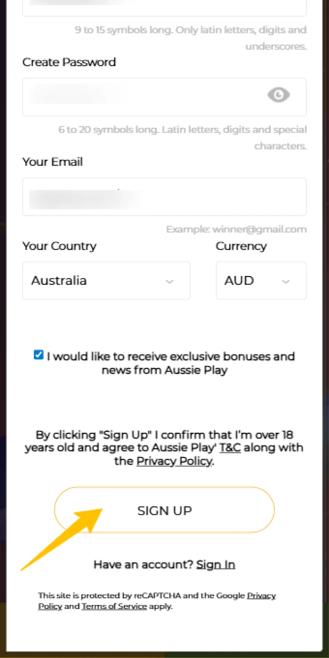 Verify your details to complete the registration for Aussie Play App.
