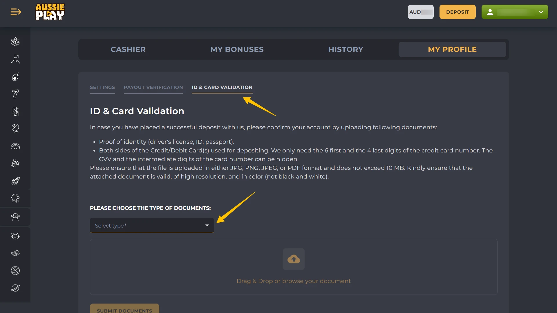 Complete the identity verification at Aussie Play Casino for safe play.
