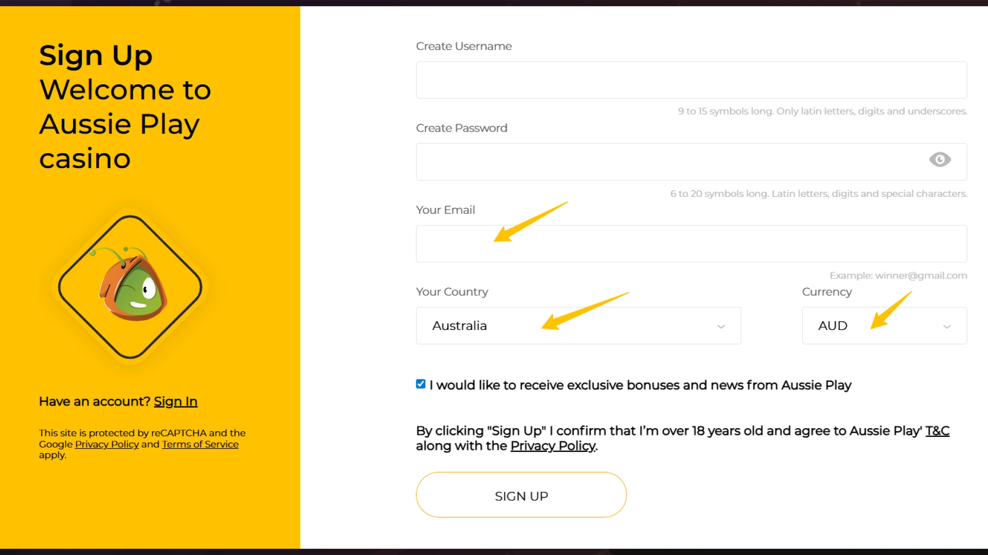 Enter your private info to continue the Aussie Play Registration process.