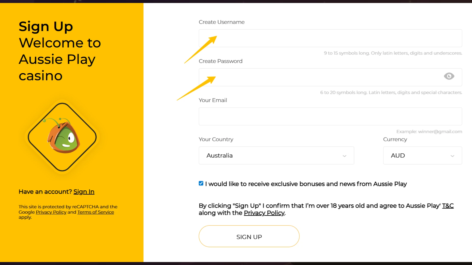 Establish secure account details for your Aussie Play Login and Registration.